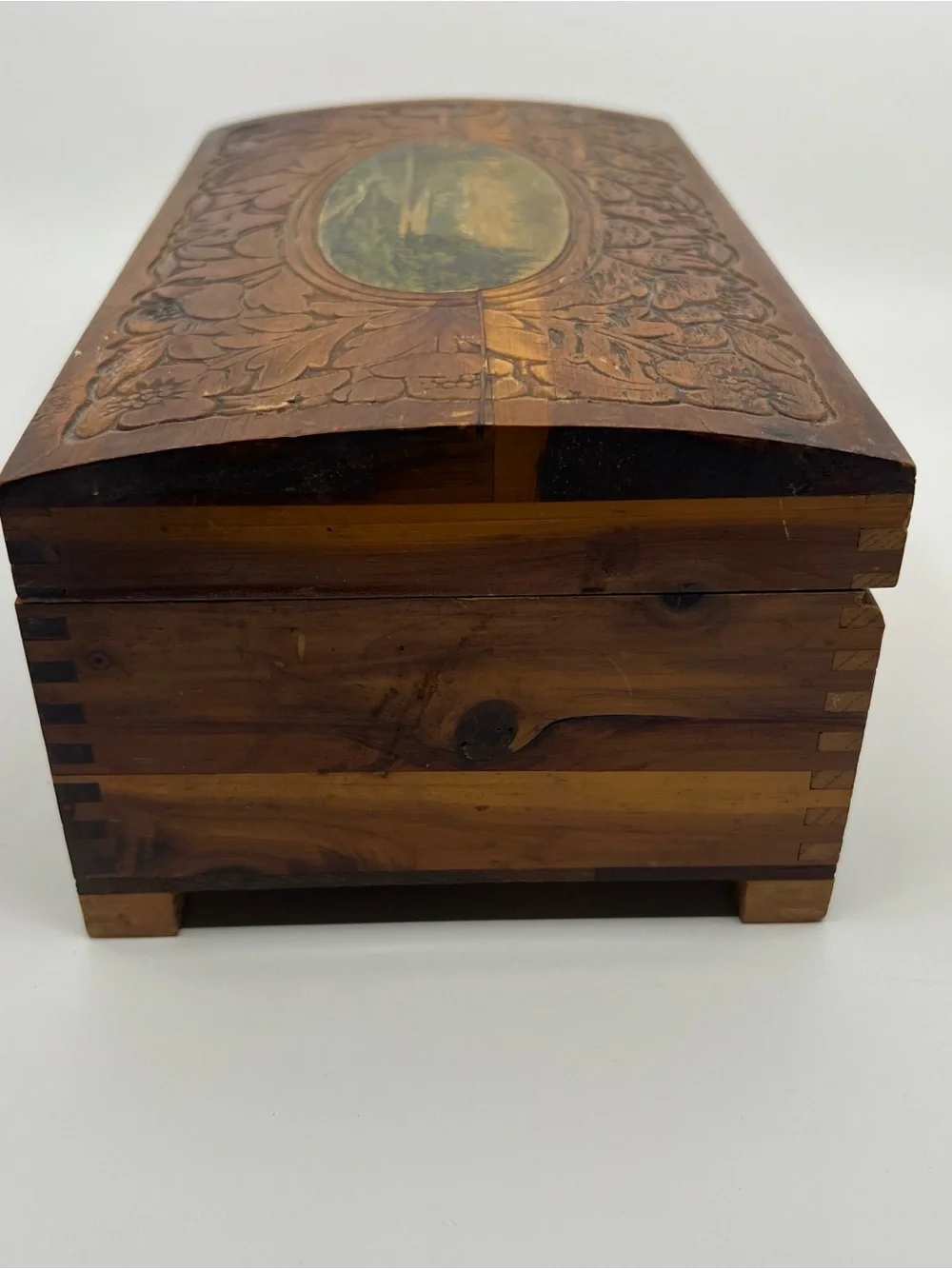 Vintage wooden carved jewelry keepsake box with mirror